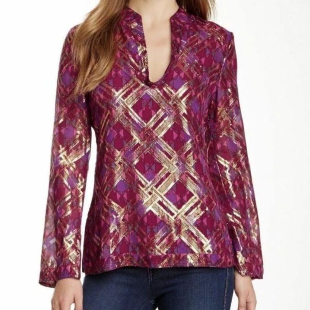 Tory Burch Silk Purple Metallic Long Sleeve Blouse Size 12